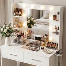 Devoko Makeup Vanity Desk With Mirror And Lights Power Outlet, Vanity Table Makeup Desk 2 Drawers, 6 Storage Shelves Hairdryer Holder Dressing Table For Bedroom - White - View 5