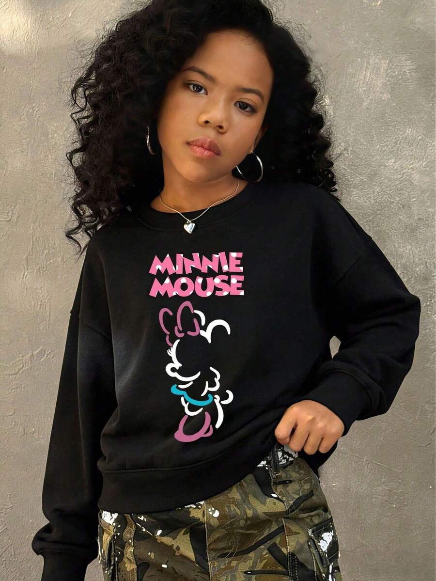 Disney Officially Licensed Kids Sweatshirt Unisex For Ages 1-14 Ultra Comfortable & Super Soft 100% Polyester Black Minnie Mouse Print Relaxed Fit Stylish Everyday Wear High Visibility Street Style New Arrival Express Delivery - 黑色 - 查看 1