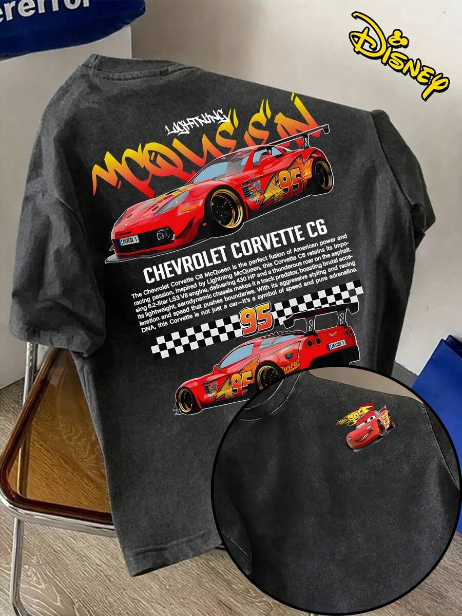 Disney Men's 230g Washed Cotton Short Sleeve T-Shirt - A Men's T-Shirt Printed With The Theme Of Lightning McQueen From "Cars", Featuring A Loose Fit Round Neck, 100% Cotton, Machine Washable, Suitable For Beaches, Parties, And Outdoor Activities In All Seasons. It Is A Vintage Washed T-Shirt, Street Fashion, And Racing Pattern T-Shirt - Black - View 1