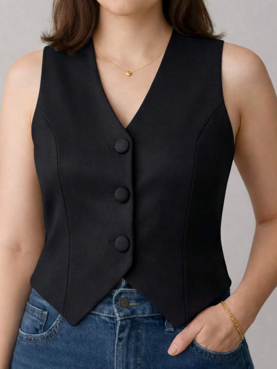 Colete Feminino Alfaiataria Botões Encapados na frente elegante Casual Assimétrico Escritório Férias - Preto - Visão 1