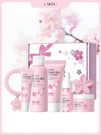  LAIKOU 8件套日本樱花保湿修护护肤套装（50克樱花洁面乳+100毫升樱花爽肤水+15克樱花眼霜+25克樱花精华霜+17毫升樱花精华+樱花化妆盒+粉色樱花手机挂绳+4厘米樱花发圈），收缩毛孔保湿护肤礼盒