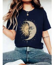 Women's Bohemian Style T-Shirt With Mysterious Moon And Sun Face Pattern Print, Vintage Hippie Style, Short Sleeve Casual Round Neck Top, Perfect Choice For Spring And Summer Women's Fashion 2025 - Màu xanh nước biển - Xem 10