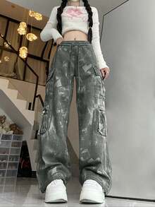 Cargo Pants For Women High Waisted Hiking Pants Baggy Stretchy Wide Leg Pant Y2K Streetwear With Pockets - 黑與白 - 查看 4