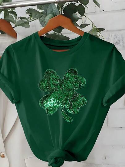 St. Patrick's Day Clover Print Women Casual Crew Neck Short Sleeve Simple T-Shirt, For Everyday Wear Summer