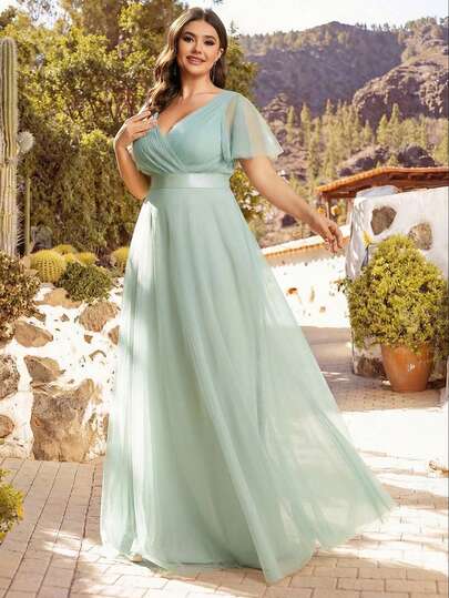 Plus Elegant Tulle Ruched Bust High Waist Sage Green Bridesmaid Dress Spring Summer Wedding Guest Dress Formal Dresses Mother Of The Bride Dresses For Wedding Party