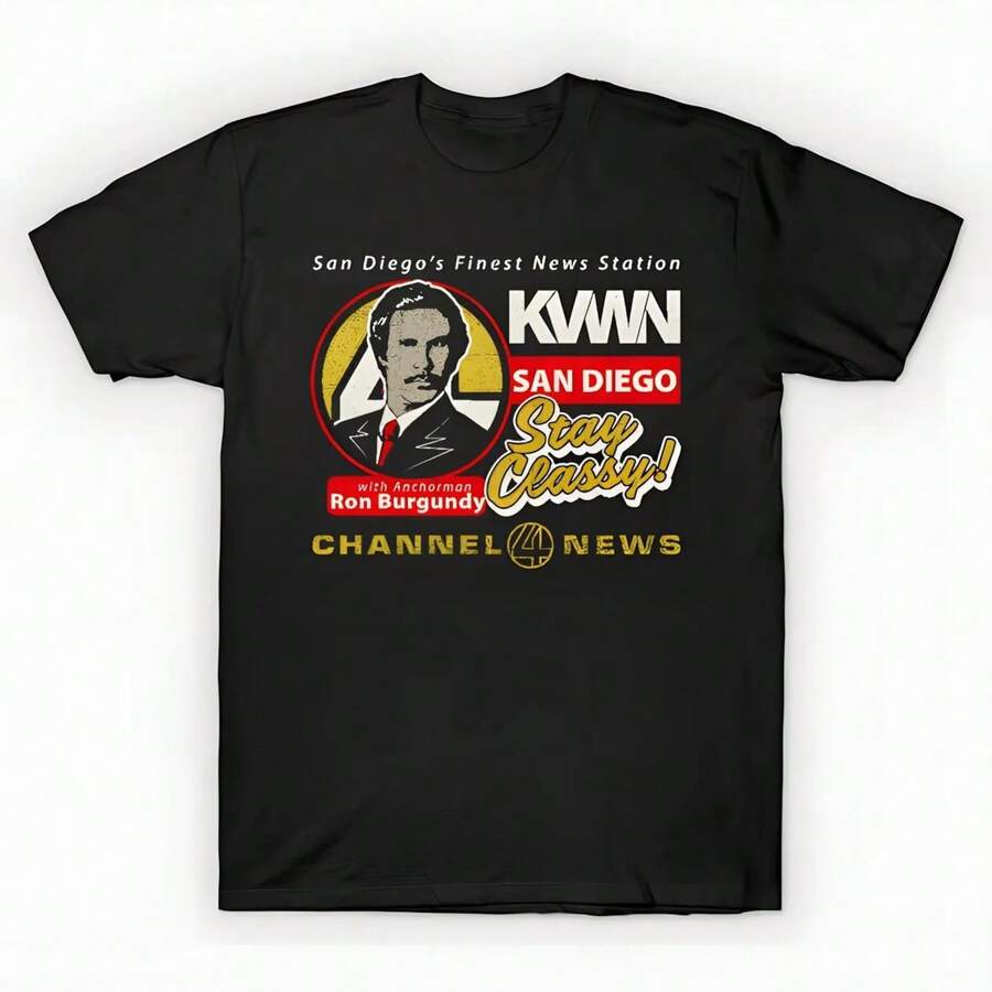 Channel 4 KVWN San Diego - Camiseta Impresa Oversized Ron Burgundy Sayin Unisex, Camiseta Gráfica Casual Negra Sólida, Top Esencial de Verano, S-3XL - Negro - Ver 1