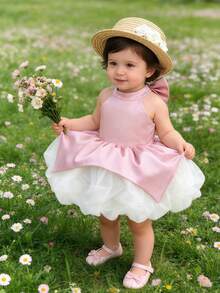 Baby GirlCute Pink Bow Ruffle Flower Bud Spaghetti Strap Dress, Puffy Skirt, Princess Dress For Birthday Party, Gathering - Pink - View 2