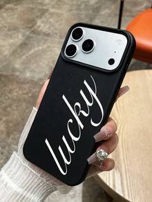 Lucky Letter Print Phone Case, Black Faux Leather Texture Shockproof Case, Scratch-Resistant Anti-Slip Protective Phone Cover, Minimalist Aesthetic Design, Fashionable Phone Case, Everyday Use Phone Case, Compatible With IPhone & Galaxy - Black - View 7