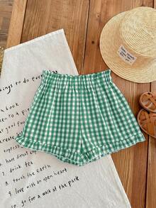 2pcs/Set Girls Cute Sweet Cherry Bow Pattern Outfit, Soft T-Shirt Paired With Plaid Sports Shorts, Summer 2 Pieces Set - Green - View 6