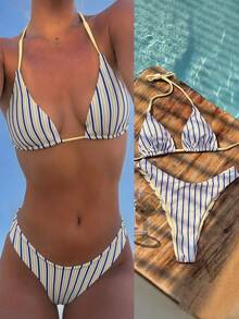 Bộ bikini nữ, áo ngực in họa tiết sọc phong cách Bohemian dễ thương kết hợp với quần bơi hai mặt sọc vàng, thích hợp cho kỳ nghỉ, bãi biển, hồ bơi và thể thao, trang phục nghỉ dưỡng xuân/hè 2026, trang phục đi lễ hội âm nhạc/đi biển cho bé gái. - Nhiều màu - Xem 9