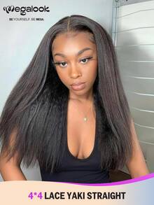 MEGALOOK Yaki 直发 4x4 蕾丝 100% 真人发假发，透明蕾丝闭合，150% 密度，自然色 - 自然外观，日常佩戴，适合办公室、僵尸新娘、万圣节、派对、Y2K 风格、度假装扮、户外角色扮演、校园、学校假期、圣诞节、派对、婚礼、节日等场合，适合女性佩戴。 - SNatural - 查看 1