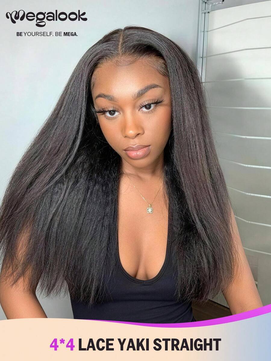 MEGALOOK Yaki 直发 4x4 蕾丝 100% 真人发假发，透明蕾丝闭合，150% 密度，自然色 - 自然外观，日常佩戴，适合办公室、僵尸新娘、万圣节、派对、Y2K 风格、度假装扮、户外角色扮演、校园、学校假期、圣诞节、派对、婚礼、节日等场合，适合女性佩戴。 - SNatural - 查看 1