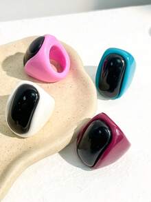 4pcs Minimalist Glossy Resin Rings, Contrasting Black & Purple Square Exaggerated Rings, Women's Daily Fashion Accessories - Multicolor B - View 5