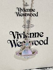 Vivienne Westwood 1PC Violet Rina Collection Grey Mother-of-Pearl Saturn Necklace, Silver-Tone, Brass with Rhinestone Embellishment - 銀色 - 查看 9