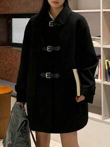 黑色 Polo 领羊毛混纺大衣，高品质女士外套，适合秋冬季穿着 - 黑色 - 查看 7