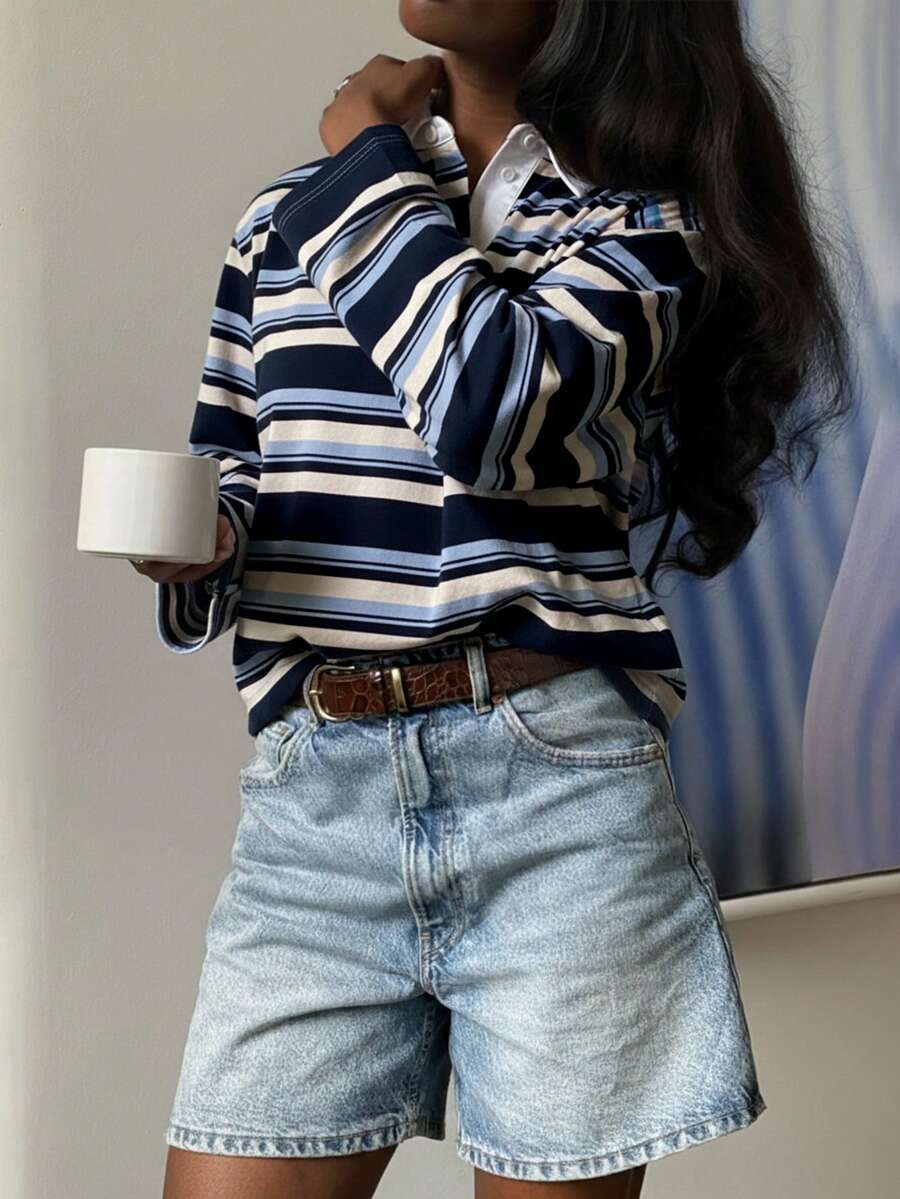 HoloChill 女款拼色條紋 Polo 領休閒長袖套頭針織上衣,2026 夏季休閒新款百搭情人節,女款條紋 Polo 領針織套頭毛衣,標準版型,適合秋冬/春季/秋季日常穿著、返校、返校舞會、秋冬法式風 - 寶藍色 - 查看 1