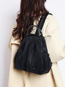 "Brown Faux Leather Ruched Backpack With Metal Ring Handle & Camellia Detail - Casual Daily Commute Bag For Women" - Multicolor - View 3