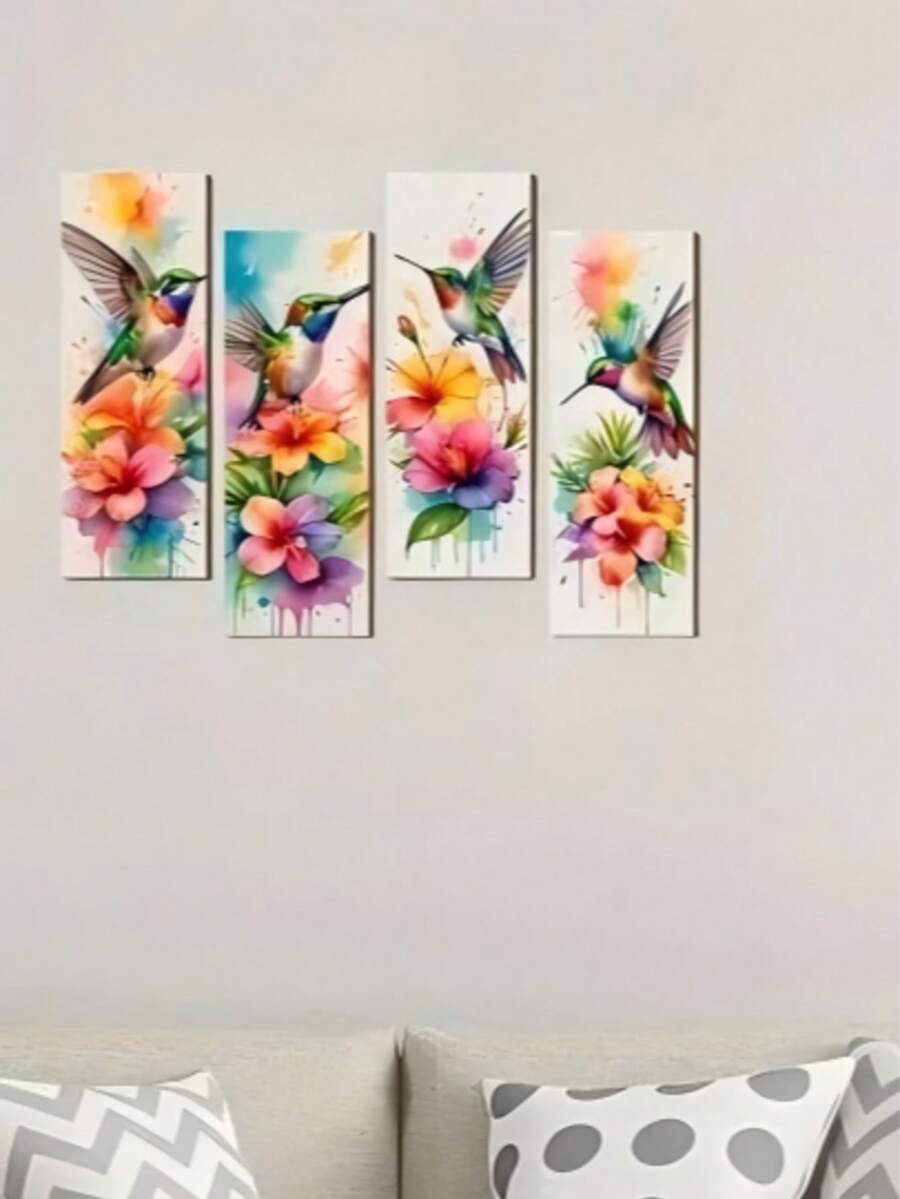 4pcs Decorative Art Hummingbird Ink Floral Wreath Wooden Wall Decor, Farmhouse Style, Versatile Use, Animal Theme, Suitable For Bedroom, Home, Apartment, Bathroom, Valentine's Day Gift For Girlfriend Or Mother, Commemorative Gift - No Power Or Battery Required, 2D Flat, Perfect Room Decoration - Multicolor - View 1