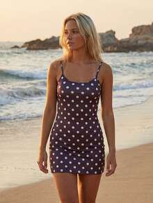 Women Sleeveless Spaghetti Strap Dress Summer Dot Print Scoop Neck Mini Bodycon Dress - Brown - View 5