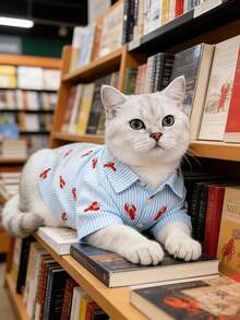 条纹龙虾印花猫咪衬衫，轻盈透气的春夏狗狗服装 - 淺藍色 - 查看 6