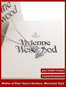 Vivienne Westwood 1PC Violet Rina Collection Grey Mother-of-Pearl Saturn Necklace, Silver-Tone, Brass with Rhinestone Embellishment - 銀色 - 查看 1