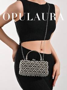 OpulAura 春季新款枪灰色仿珍珠手提包，女士派对手拿包，适合宴会、鸡尾酒会、婚礼及其他场合 - 槍色 - 查看 8
