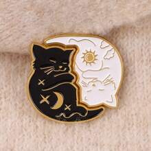 1枚日月猫咪胸针，独特珐琅翻领别针 - 可爱徽章，可别在背包和衣服上 - 黑色 - 查看 9
