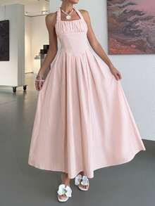 Light Pink Sleeveless Halter Neck Long Dress With Pleated Bodice, Fitted Waist, A-Line Skirt, Back Bow Tie Detail – Sweet Elegant Chic Style Ideal For Art Gallery Visits, Weekend Brunches, City Strolls, Afternoon Teas, Casual Summer Vacations, Plain Dress - Baby Pink - View 3