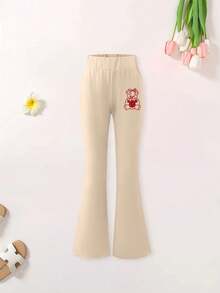 Set de 2 piezas de blusa de manga corta con estampado de moño y pantalones acampanados para niña adolescente, para primavera/verano - Albaricoque - Ver 6