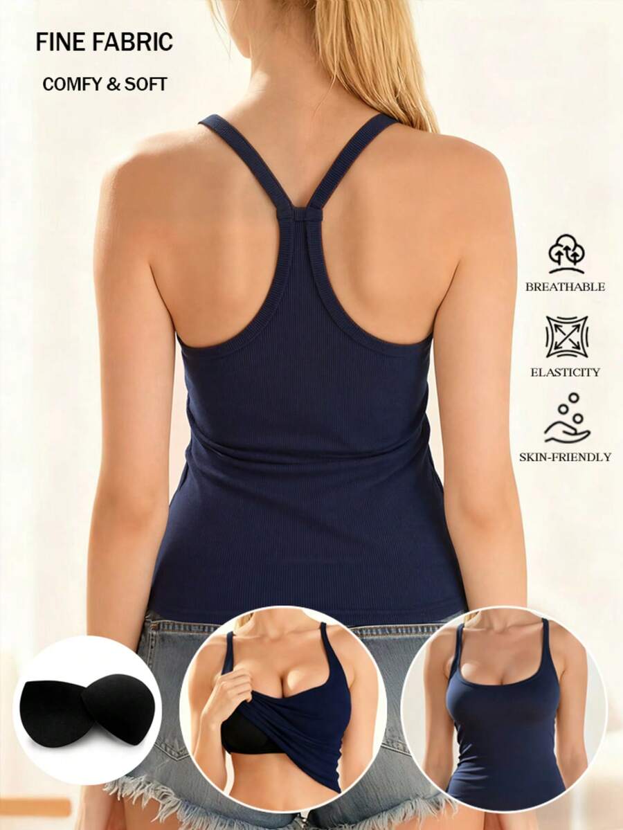 Women's Sleeveless Blue Racerback Tank Top With Padded Bra, Thin Stretchy Knit Camisole For Summer, Minimalist Sexy Style