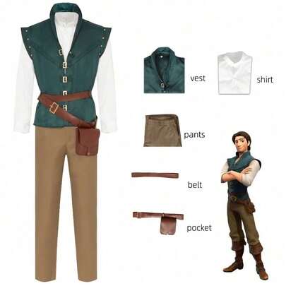 Hweilai Adult Mens Flynn Rider Costume Halloween Cosplay Full Set Outfit with Belt Bag