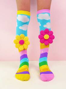 1 Pair Children's Over-The-Knee Socks With Rainbow Cloud Pattern And 3D Floral Decor. Children's Socks, Crazy Socks, Fun Socks, Suitable For All Seasons. They Are The Perfect Gift For Crazy Day, Children's Party, Valentine's Day, Easter, Vacation, Outdoor Activities And Daily Wear. - Baby Pink - View 7