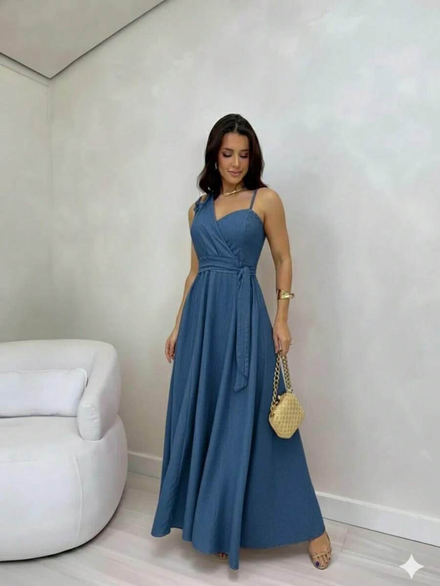 Women's Long Dress With Crossover Neckline And Elasticated Cups – Elegant For Parties, Weddings, And Special Events - Xanh đậm - Xem 1