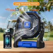 Cold Air Battery Powered Fan With LED Lantern,Dual Motor Camping Fan, 4-Speed Adjustable Desktop Fan With Hook, Portable Outdoor Fan, Suitable For Tents, Power Outages, And Construction Sites - Blue - View 7