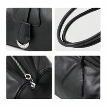 Genuine Leather Black Duffle Bag, Women's Fashion Minimalist Shoulder Bag, Versatile Convertible Top Handle Commuter Purse With Metal Accent - màu đen - Xem 4
