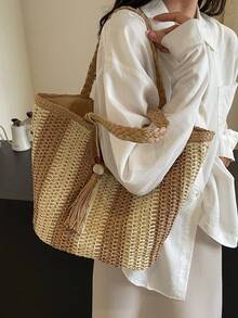 Diese farblich abgesetzte gestreifte handgewebte Strohtasche ist eine stilvolle, vielseitige, einfache und lässige Damenhandtasche. Sie ist eine perfekte Strandtasche für den Urlaub mit Quastenanhänger und Reißverschluss. Geeignet für Strandurlaube, Einkaufen, Strandausflüge, den Alltag, Dates und mehr. - Khaki - Übersicht 5