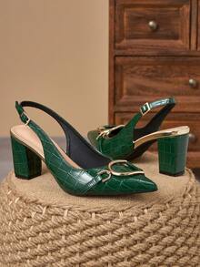 女士优雅鳄鱼纹深绿色粗跟玛丽珍鞋，金属扣尖头露跟高跟鞋，小众优雅浅口鞋 - 綠色 - 查看 4