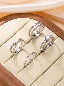 Set de 4 anillos de acero inoxidable con diseños de corazón, diamante de imitación, cruzados y de doble capa, ideales para uso diario de mujeres o como regalo del Día de San Valentín - anillo - Ver 16