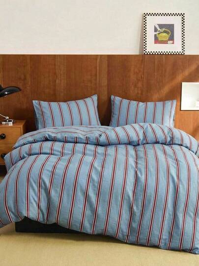 Joivida 3 件套 100% 纯棉复古简约条纹床上用品套装，2 个枕套 + 1 个羽绒被套