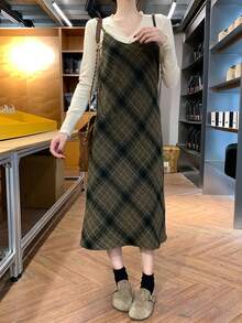 优雅格纹吊带连衣裙，百搭内搭，随机裁剪，秋冬新品 - 灰綠 - 查看 5