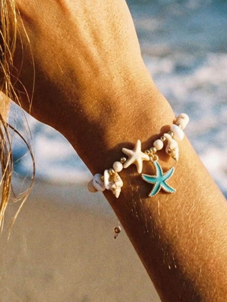 1条波西米亚风白色贝壳和海星编织手链，适合女性街头、派对、海滩度假和日常佩戴 - 白色 - 查看 1