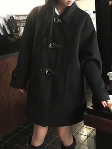 黑色 Polo 领羊毛混纺大衣，高品质女士外套，适合秋冬季穿着 - 黑色 - 查看 2