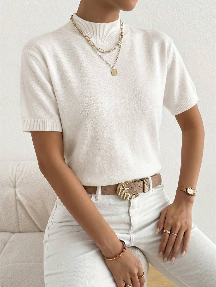 Plus Size Solid Color Stand Collar Short Sleeve Knit Top White Summer - White - View 1