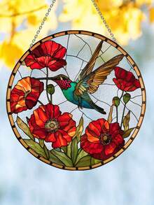 1 chiếc đồ trang trí treo cửa sổ hình chim ruồi và hoa đỏ nhiều màu sắc, trang trí thẩm mỹ, điểm nhấn trang trí nhà theo phong cách thiên nhiên thực vật, hình tròn với hình minh họa chim và hoa. - Thiết kế chim ruồi - Xem 9