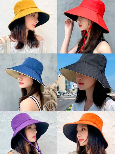 New Spring/Summer Bucket Hat, Reversible Solid Color Retro Bucket Hat, Wide Brim Sun Protection Hat For Women