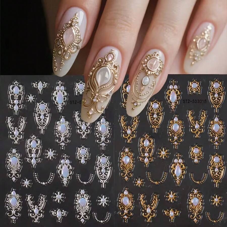 kumim Hot Stamping Silver And Gold Vintage Baroque Gemstone Nail Stickers - Hot Stamping (gold/silver) - 2pcs - View 1