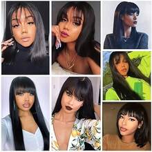 Parrucca fatta a macchina con frangia, parrucche lisce in capelli umani per donne, senza pizzo frontale, densità 180%, capelli vergini brasiliani, senza colla, colore naturale. - Natural Black - Visualizzare 5