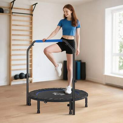  HOMCOM Trampolino Elastico Pieghevole Ø102 cm con Manubrio Regolabile 99-123 cm, Trampolino da Fitness per Adulti, Tappeto Elastico per Esercizi Indoor, Blu