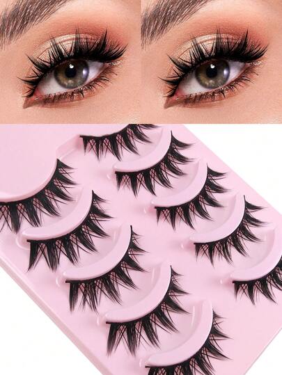 5 Pairs Spiky Manga Lashes Dramatic Full Strip Lashes With Big Eye Effect Anime Eyelashes Crossed Wispy Fake Eyelashes Reusable For Beginners, Doll Eye Styles, Suitable For Cosplay, Party, Strip Lashes,Lashes,Eyelashes,Fake Lashes