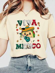 1 Pack Women's Plus Size Viva Mexico Graphic T-Shirt - 100% Cotton, Short Sleeve, Crew Neck, Casual Mexico T-Shirt Tops - 杏色 - 查看 2
